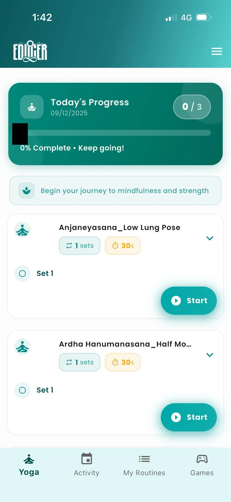 Routine detail — list of poses with timers and tips
