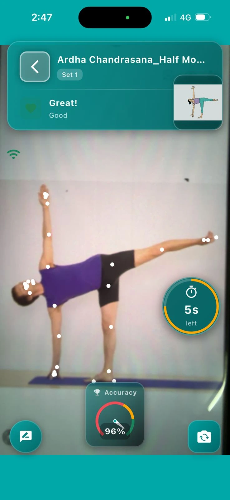 Live session — pose guidance and progress summary